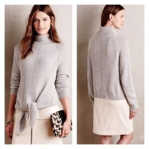 ANTHROPOLOGIE moth gray front tie ribbed turtleneck sweater Sz M